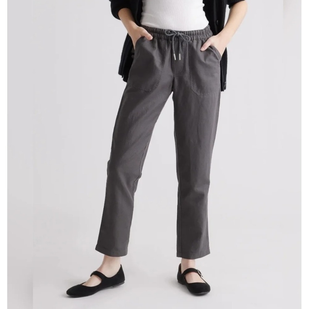 Quince Organic Cotton Linen Straight Leg Pants Charcoal Grey Drawstring Small